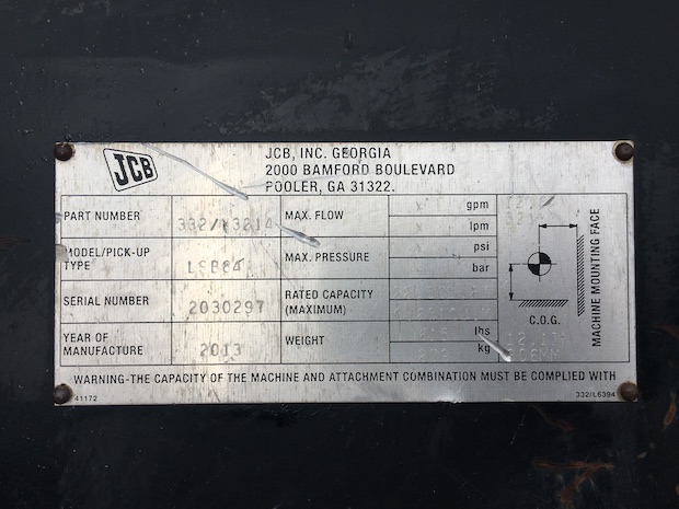 2015 JCB 407 Wheel Loader bucket serial number plate.